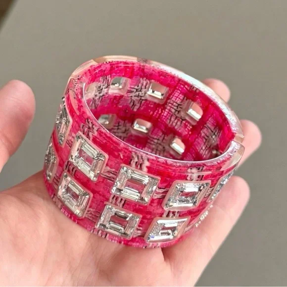 CHANEL 2014 Pink Tweed Inlay Crystal CC Cuff Bracelet - Picture 3 of 6